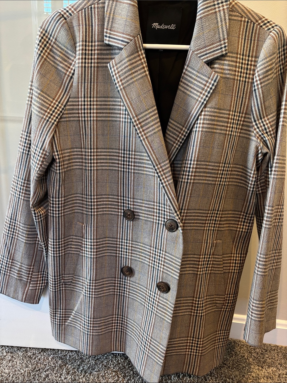 Madewell Women’s Plaid Double-Breasted Blazer in Brown and Gray oversized